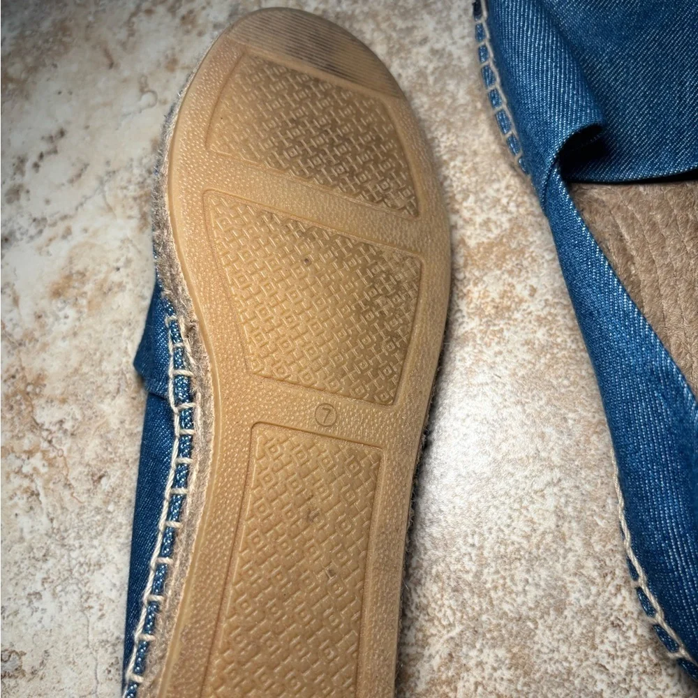 Tory Burch Denim Blue and Black Leather Espadrilles